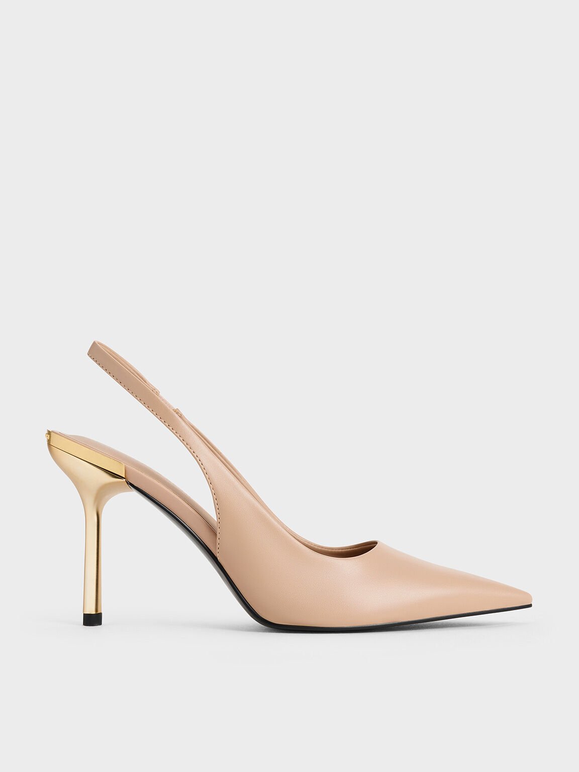 Sepatu Slingback Pumps Pointed-Toe Metallic-Heel, Nude, hi-res