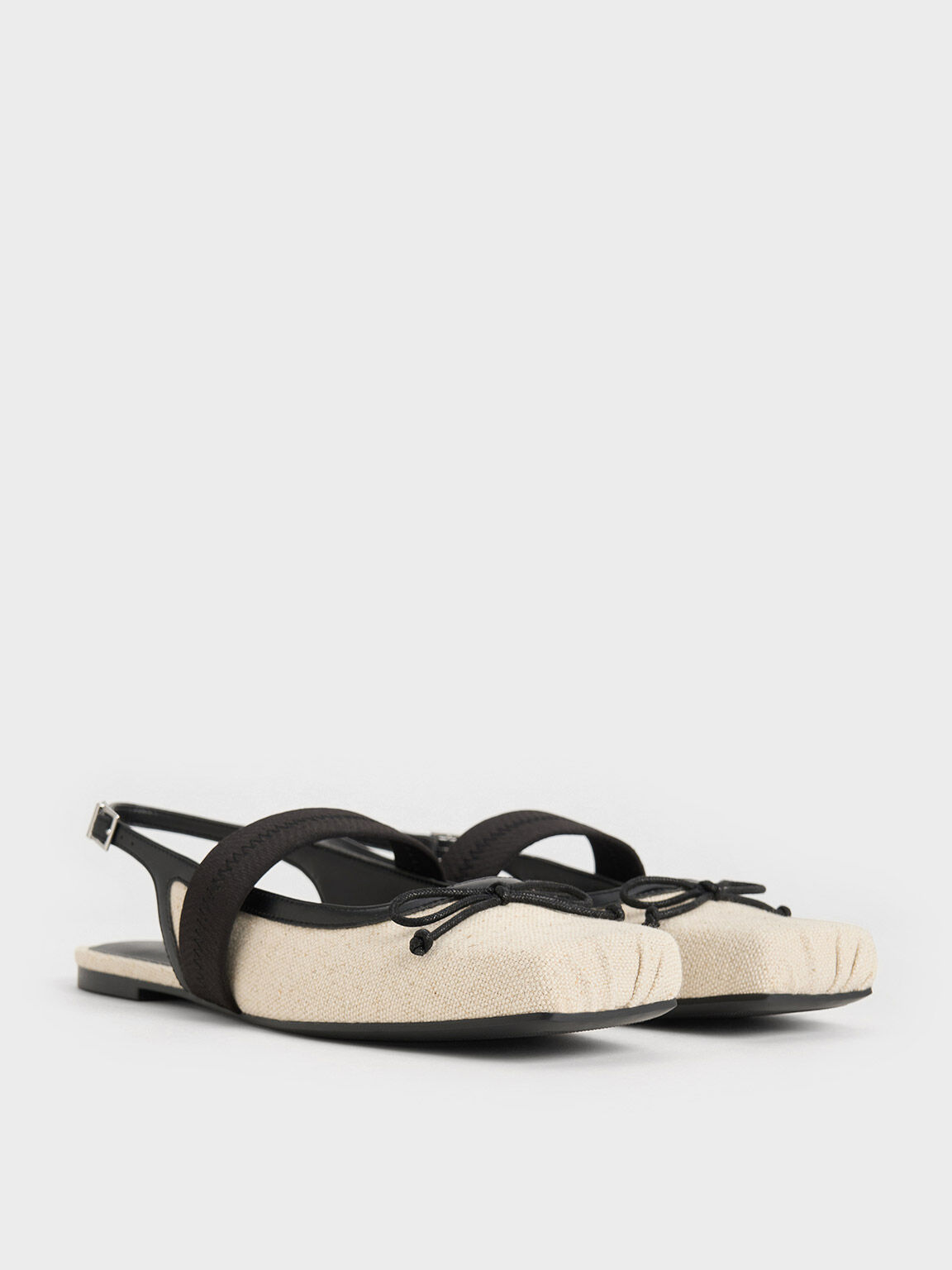 Sepatu Slingback Flats Bow Lyric Linen & Satin, Beige, hi-res