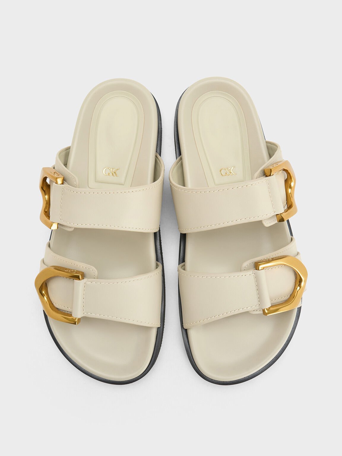 Sandal Slides Buckled Leather Gabine, Chalk, hi-res