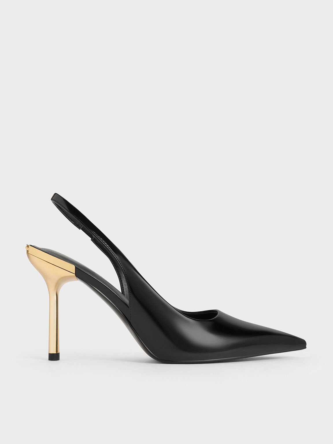 Sepatu Slingback Pumps Pointed-Toe Metallic-Heel, Black Box, hi-res