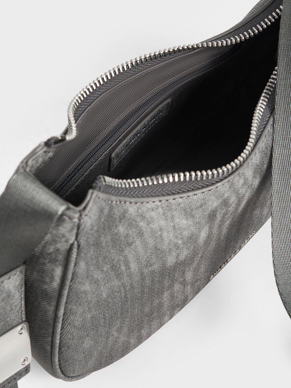 Denim Curved Metallic-Accent Shoulder Bag, Dark Grey, hi-res