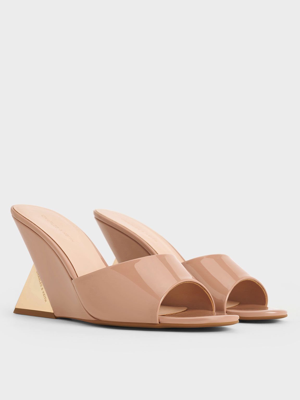 Patent Triangle-Heel Wedge Mules, Nude, hi-res