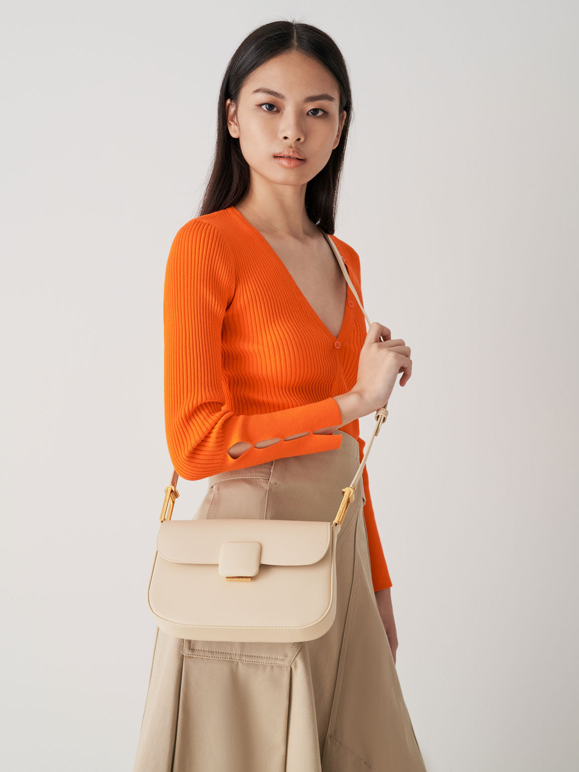 Beige Koa Square Push-Lock Shoulder Bag - CHARLES & KEITH US