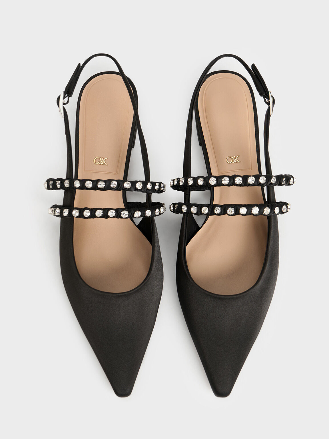 Sepatu Flats Mary Jane Gem-Encrusted Recycled Polyester Goldie, Black Textured, hi-res