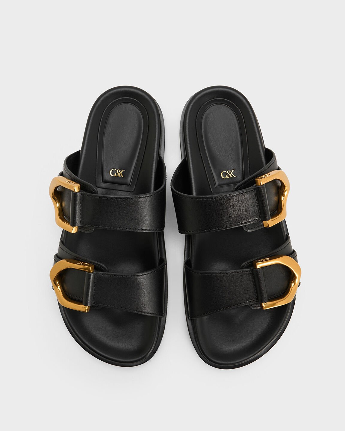 Gabine Buckled Leather Slides, Black, hi-res