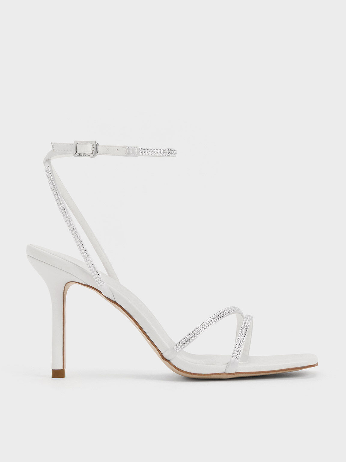Sandal Stiletto-Heel Satin Crystal-Embellished, White, hi-res