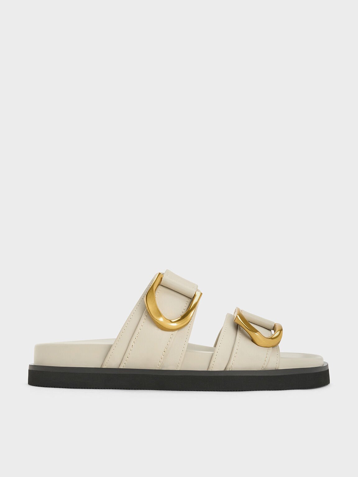 Sandal Slides Buckled Leather Gabine, Chalk, hi-res