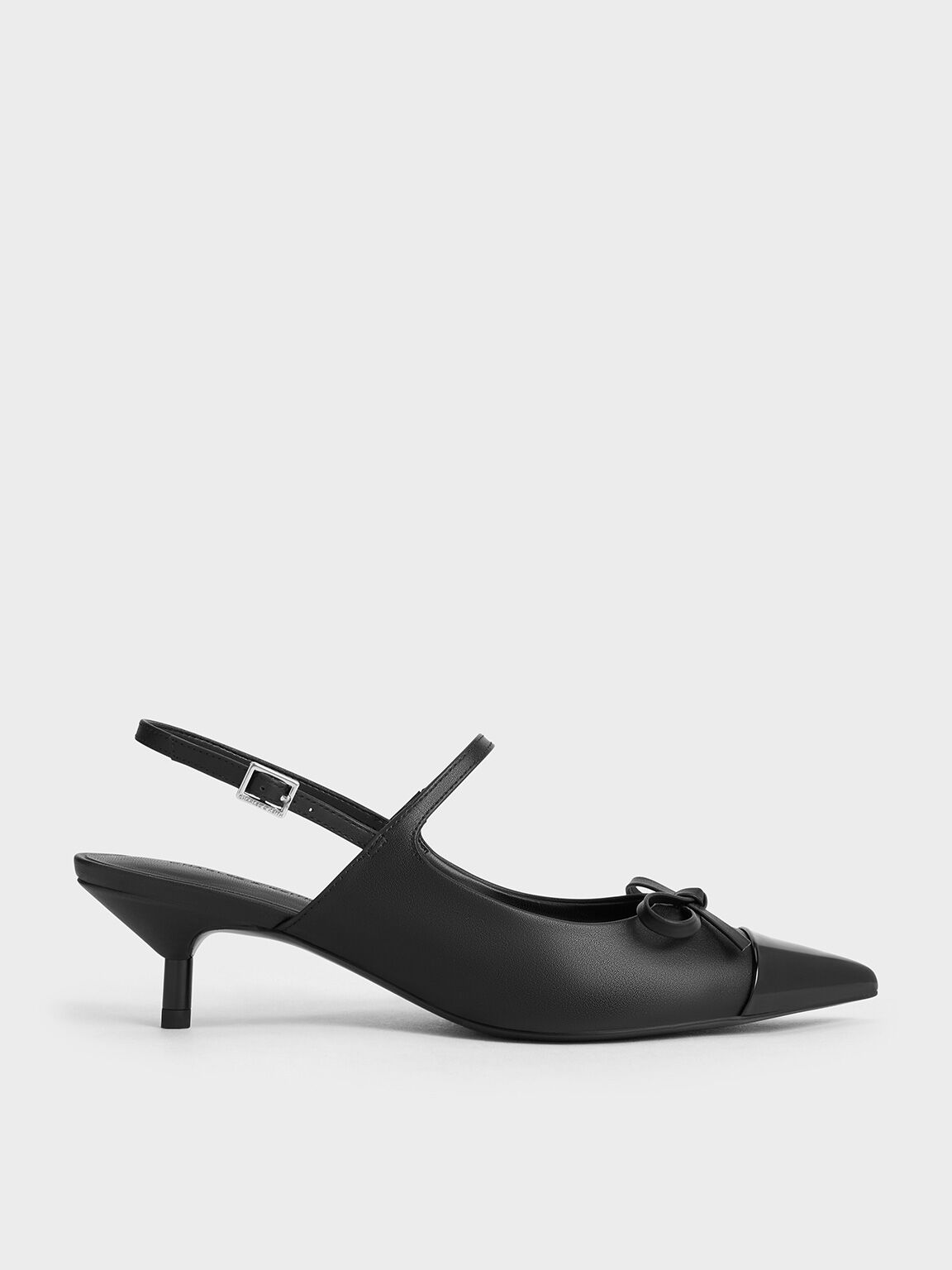 Sepatu Slingback Pumps Kitten-Heel Cap-Toe Bow, Black, hi-res