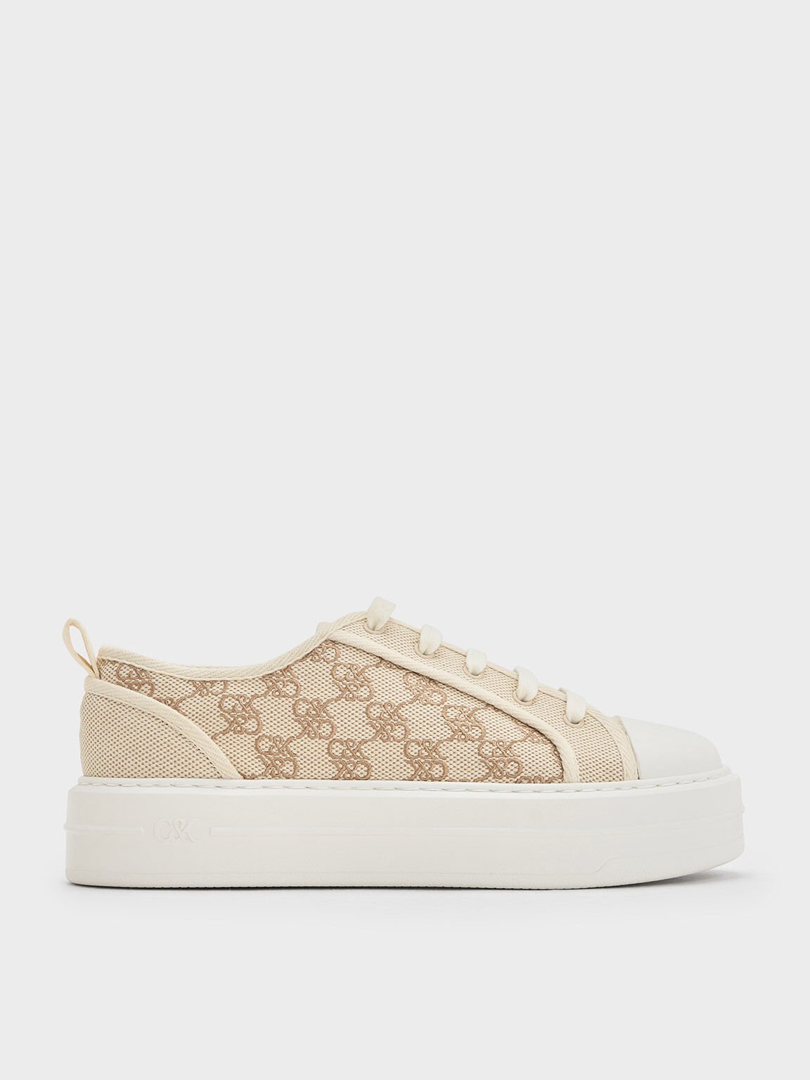 Canvas Monogram Flatform Sneakers, Beige, hi-res