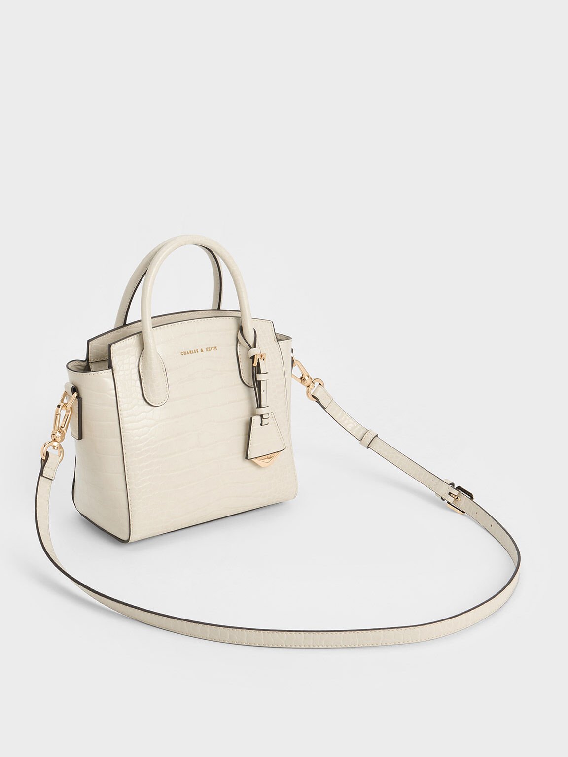 Tote Bag Trapeze Croc-Effect, Ivory, hi-res