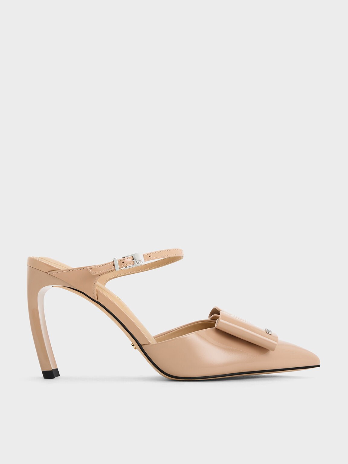 Sepatu Mules Bladed-Heel Leather Bow Lu Patent, Nude, hi-res