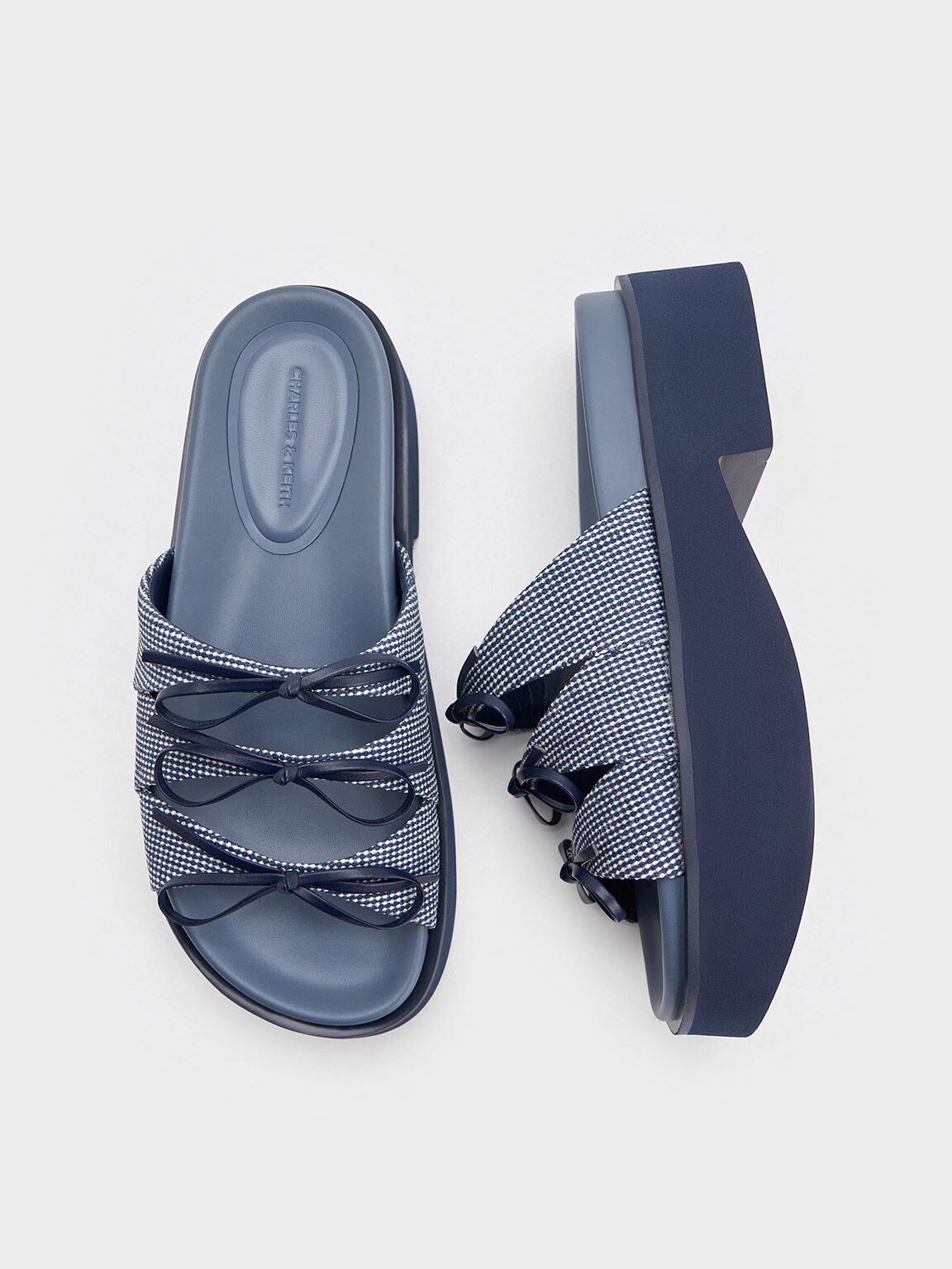 Sandal Platform Triple-Bow Dorri Textured, Blue, hi-res