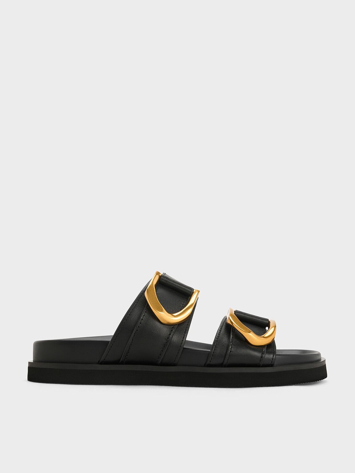 Gabine Buckled Leather Slides, Black, hi-res