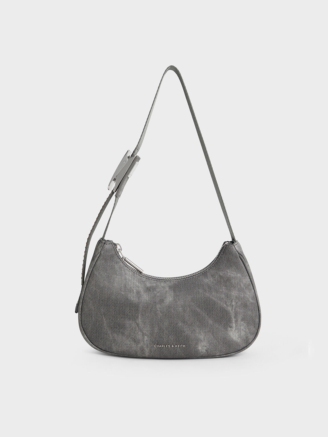 Tas Bahu Metallic-Accent Curved Denim, Dark Grey, hi-res