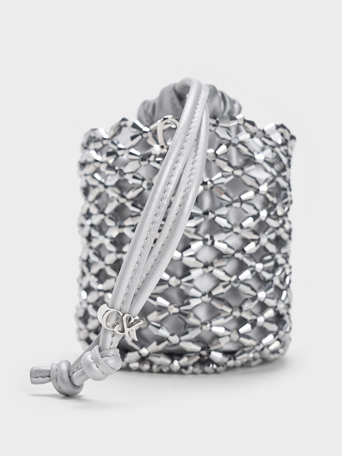 Tas Bucket Chain-Handle Beaded, Silver, hi-res