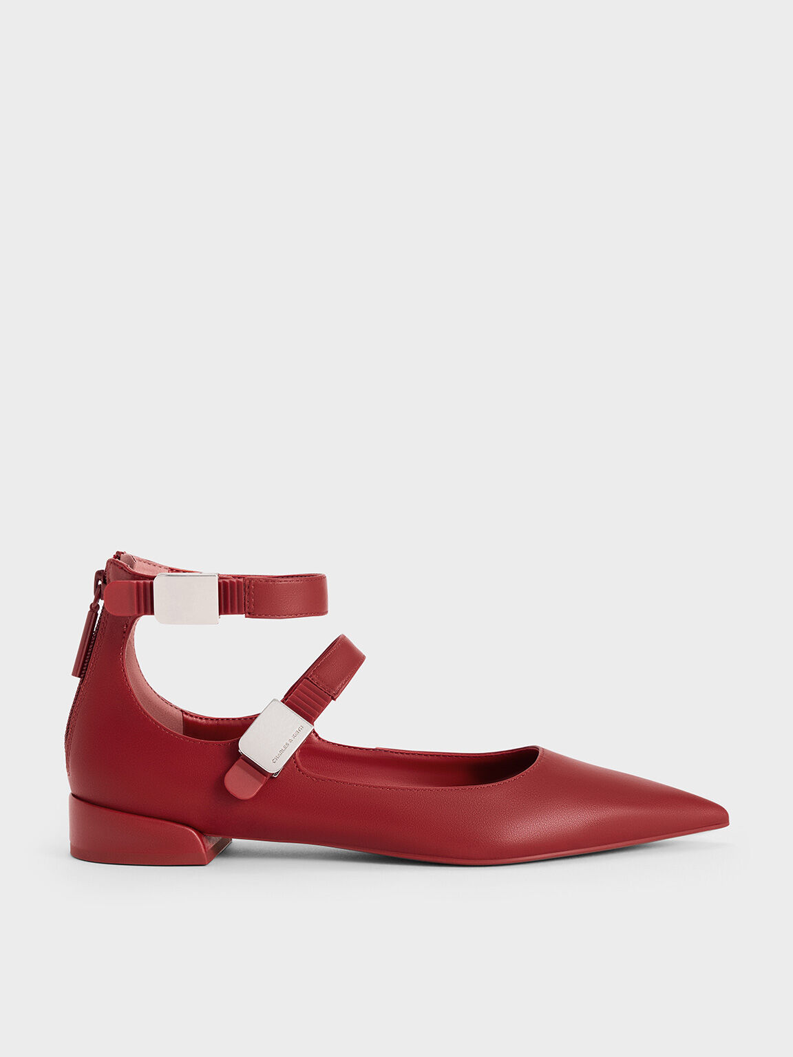 Sepatu Flats Mary Jane Pointed-Toe Robbie, Red, hi-res