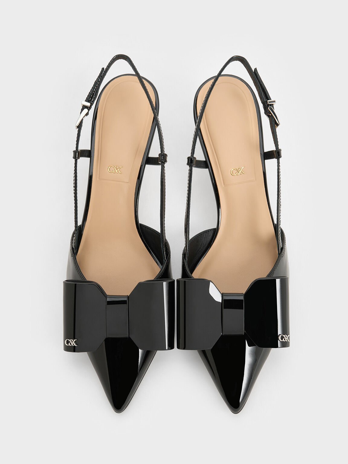 Sepatu Slingback Pumps Leather Bow Lu Patent, Black Patent, hi-res