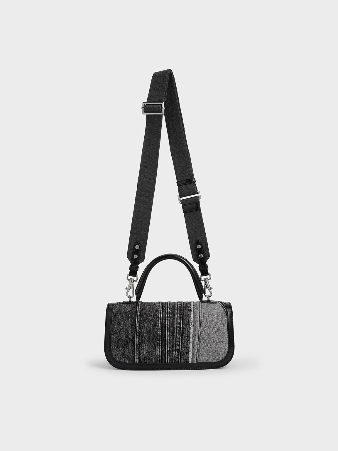 Tas Top Handle Elongated Patchwork Denim Charlot, Noir, hi-res