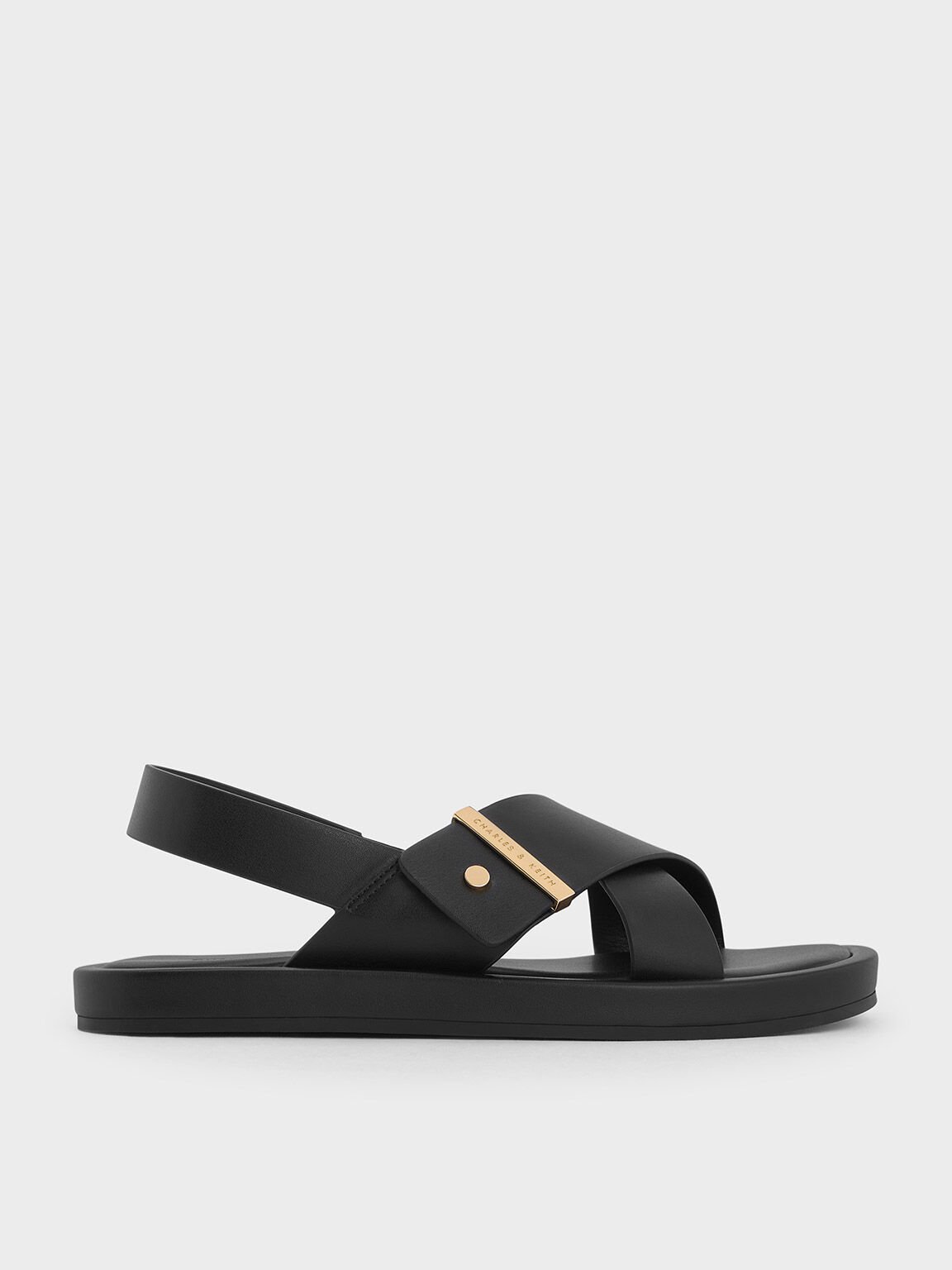 Crossover-Strap Slingback Sandals, Black, hi-res