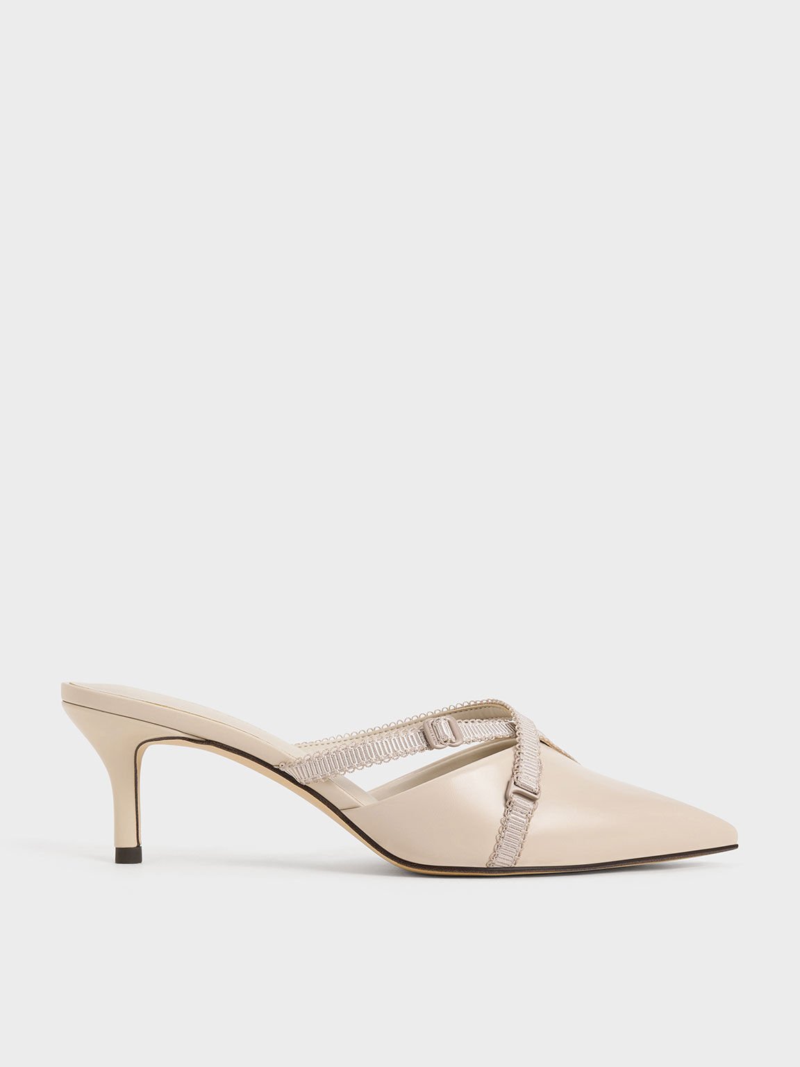 Sepatu Pointed-Toe Mules Grossgrain-Strap, Nude, hi-res