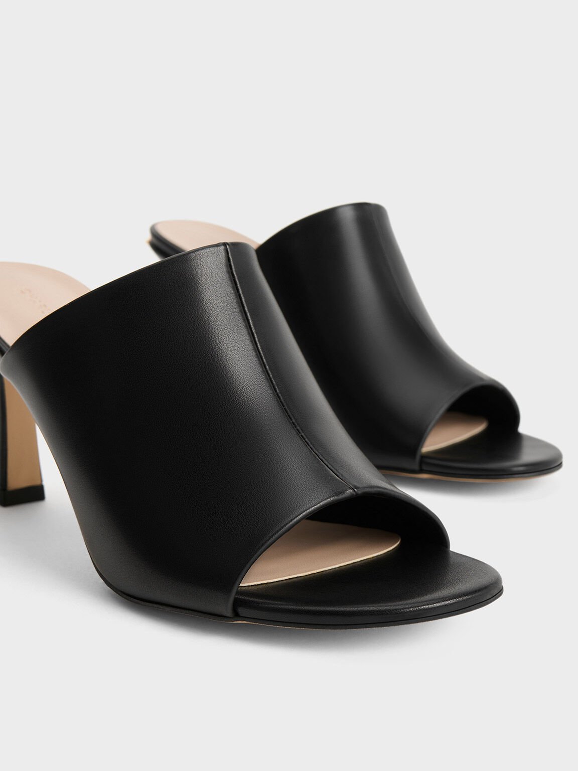 Round-Toe Heeled Mules, Black, hi-res