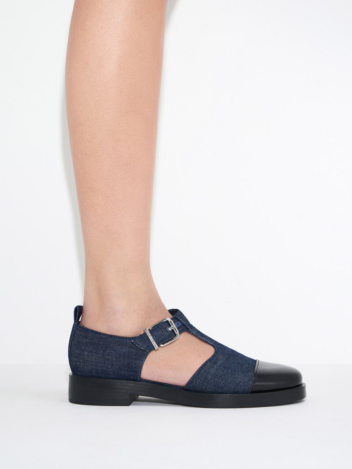 Sepatu Flats Charly T-Bar D'Orsay Denim, Dark Blue, hi-res