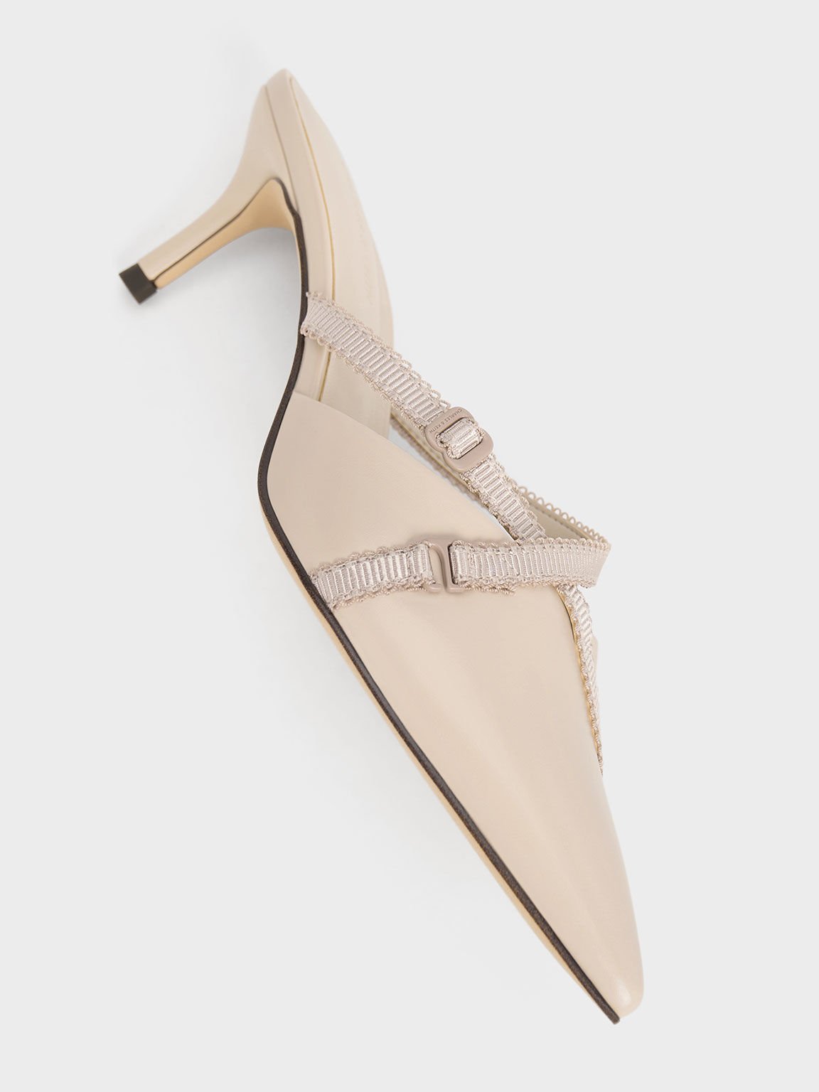 Sepatu Pointed-Toe Mules Grossgrain-Strap, Nude, hi-res