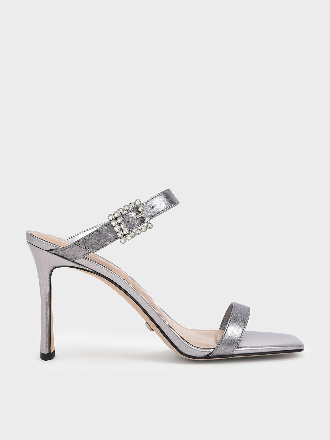 Silver Leather Gem-Embellished Stiletto Sandals - CHARLES & KEITH ID