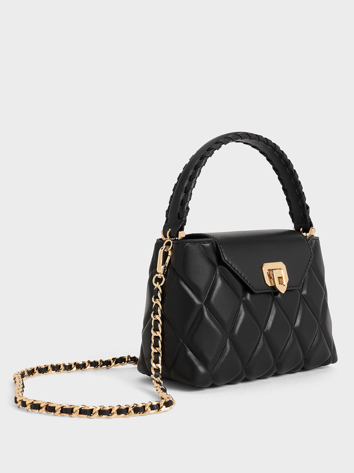 Tas Top Handle Quilted Braided-Strap Arwen, Black, hi-res