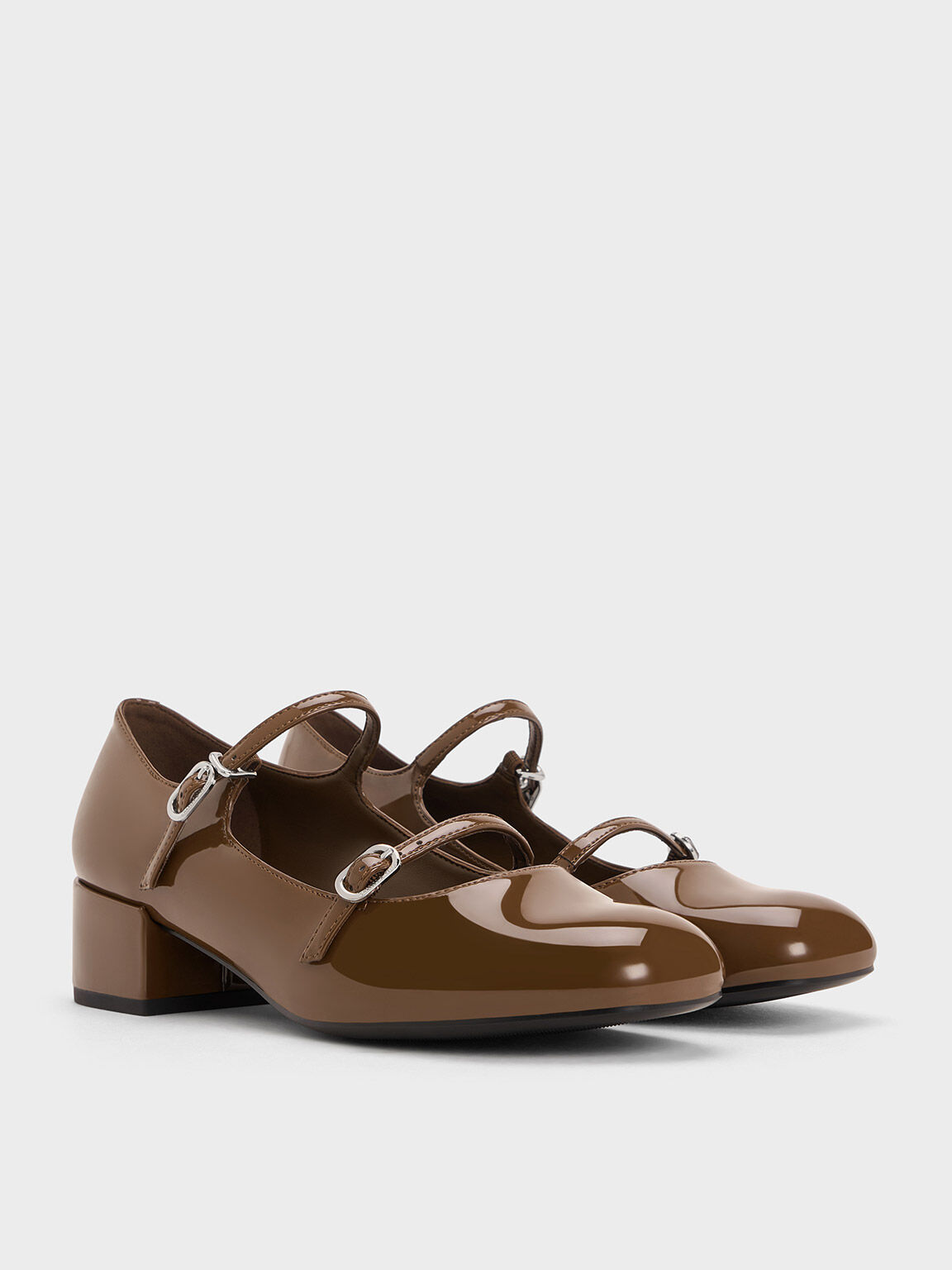 Sepatu Mary Janes Block-Heel Double-Strap, Brown, hi-res