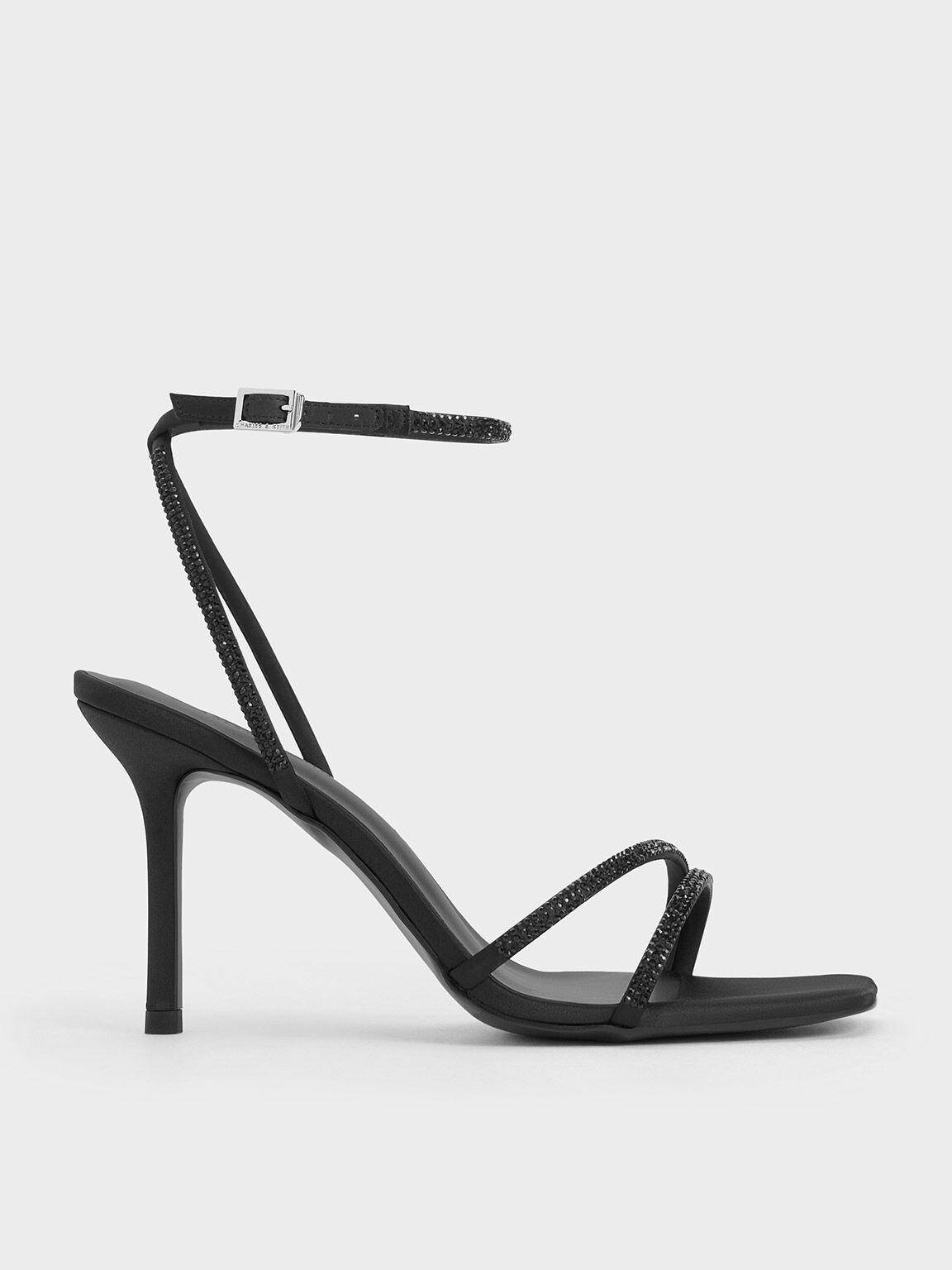 Sandal Stiletto-Heel Satin Crystal-Embellished, Black Textured, hi-res