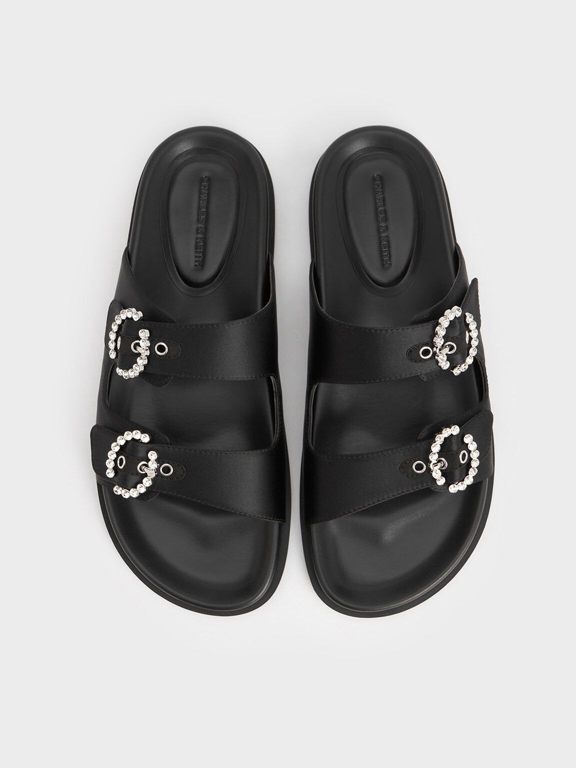 Recycled Polyester Embellished Buckle Sandals, Black Textured, hi-res