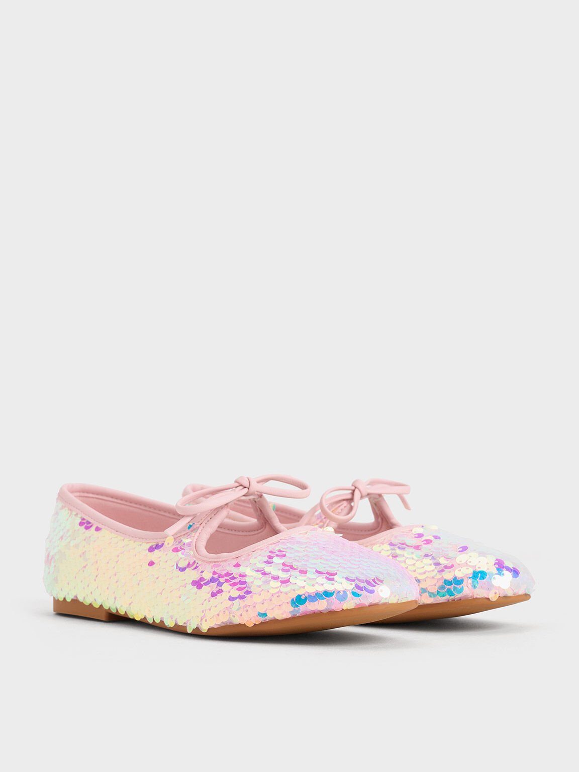 Sepatu Ballet Flats Girls' Sequin Two-Tone Bow, Pink, hi-res