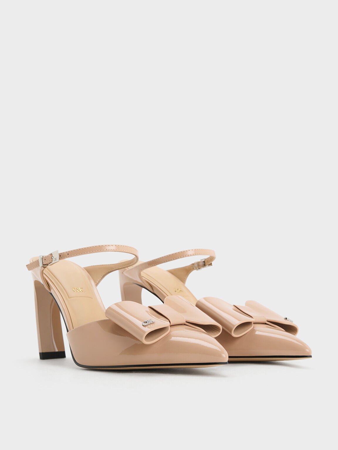 Sepatu Mules Bladed-Heel Leather Bow Lu Patent, Nude, hi-res