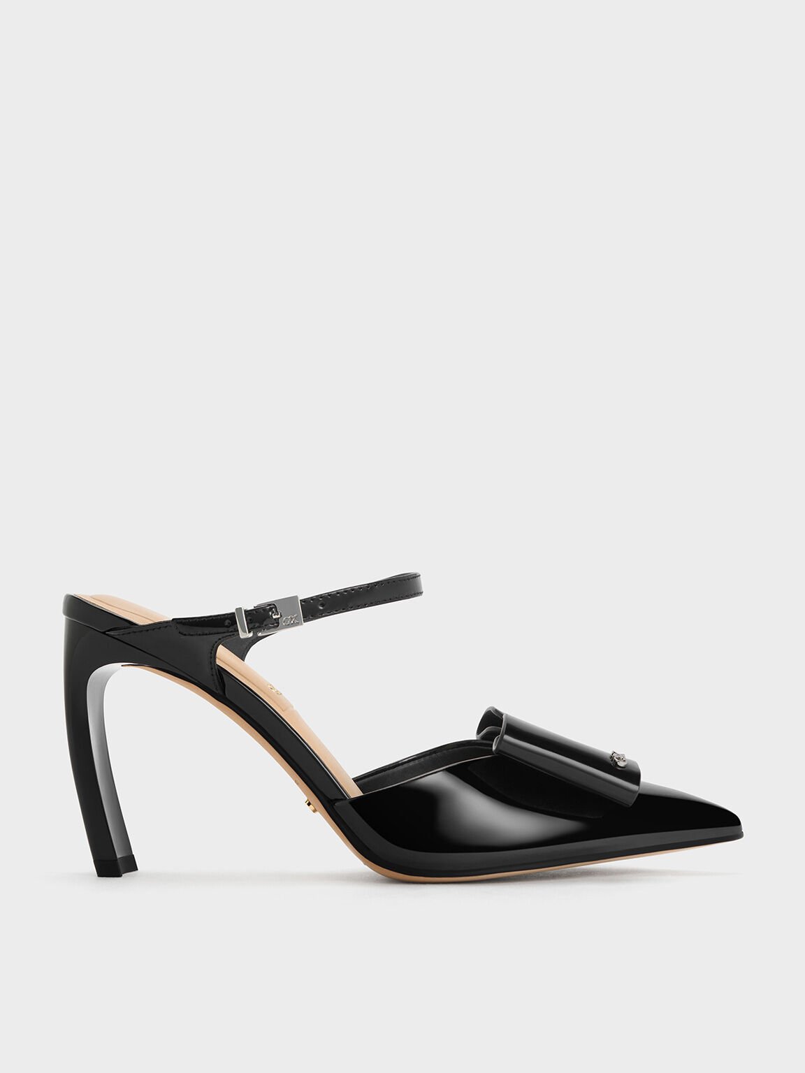 Sepatu Mules Bladed-Heel Leather Bow Lu Patent, Black Patent, hi-res