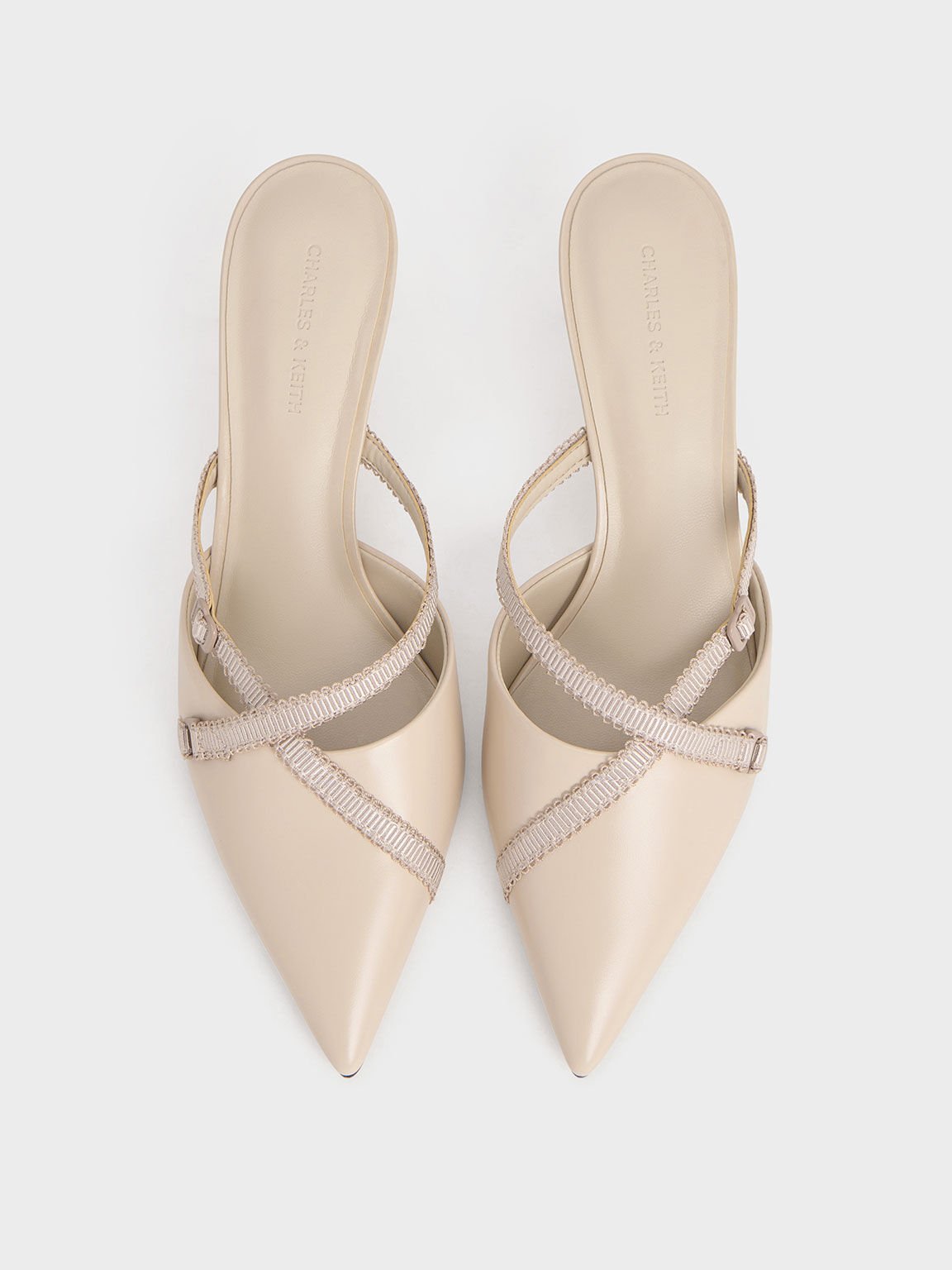 Sepatu Pointed-Toe Mules Grossgrain-Strap, Nude, hi-res