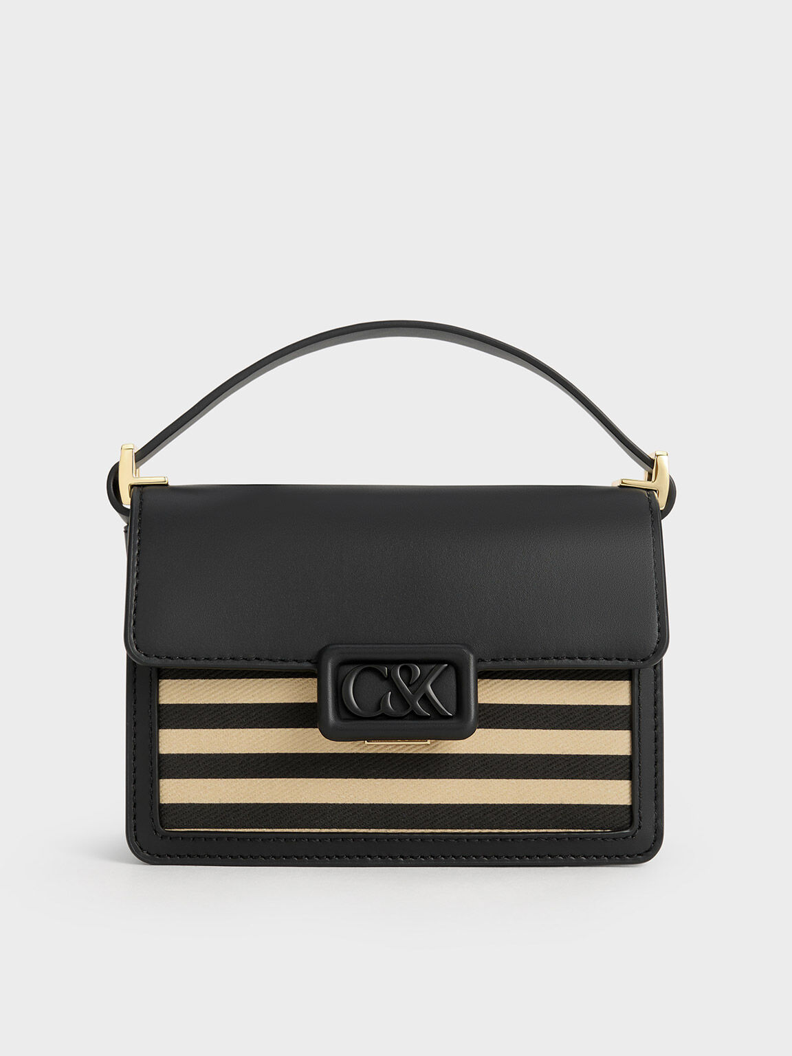 Leather & Canvas Striped Boxy Bag, Multi, hi-res