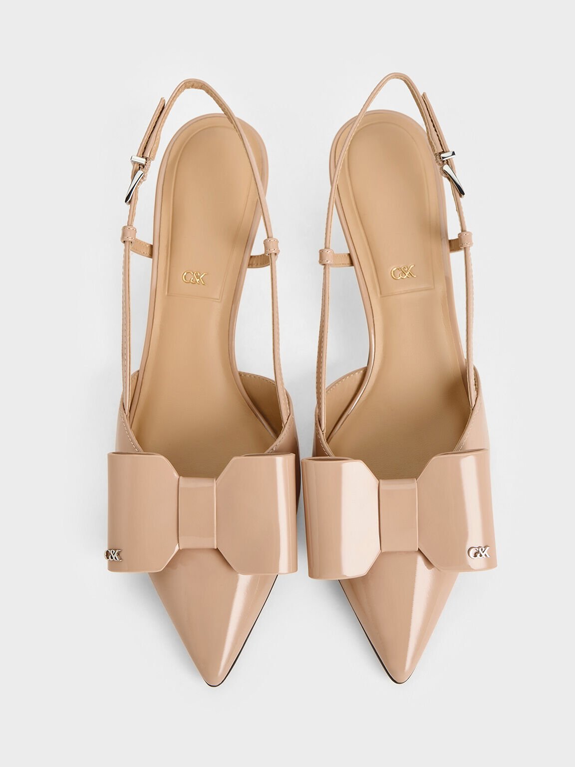 Sepatu Slingback Pumps Leather Bow Lu Patent, Nude, hi-res