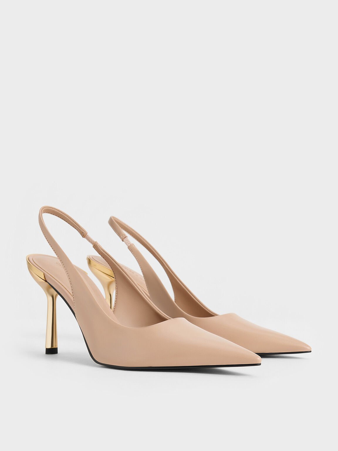 Sepatu Slingback Pumps Pointed-Toe Metallic-Heel, Nude, hi-res