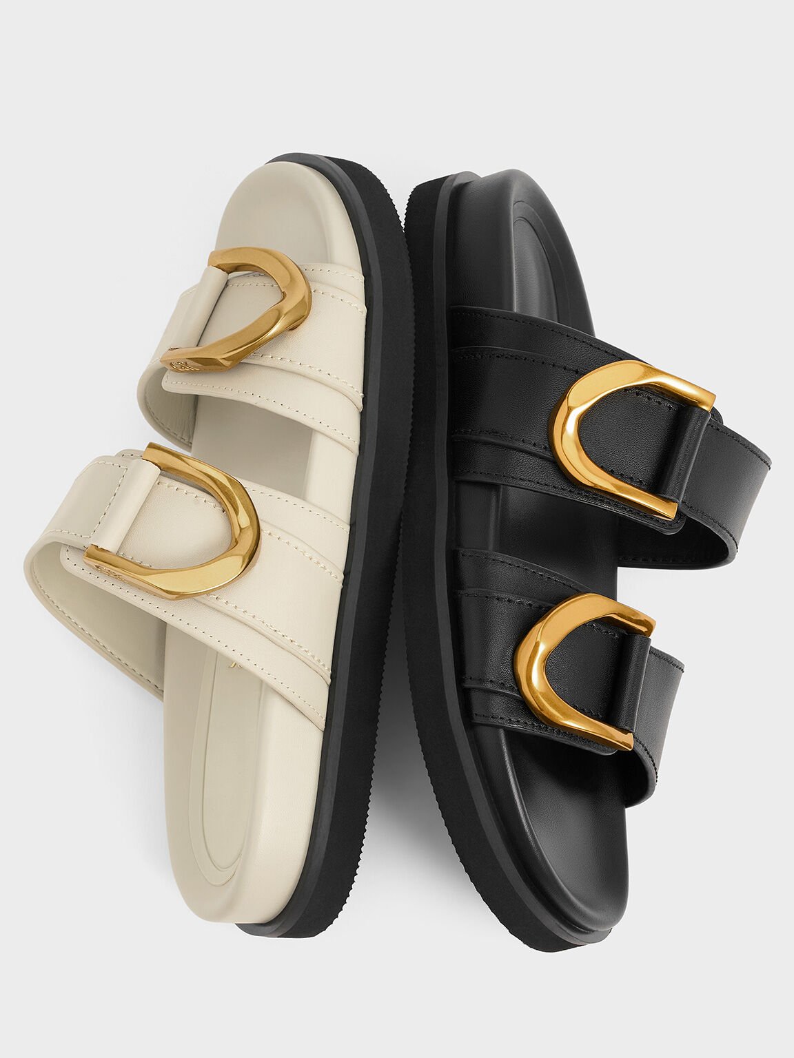 Sandal Slides Buckled Leather Gabine, Chalk, hi-res