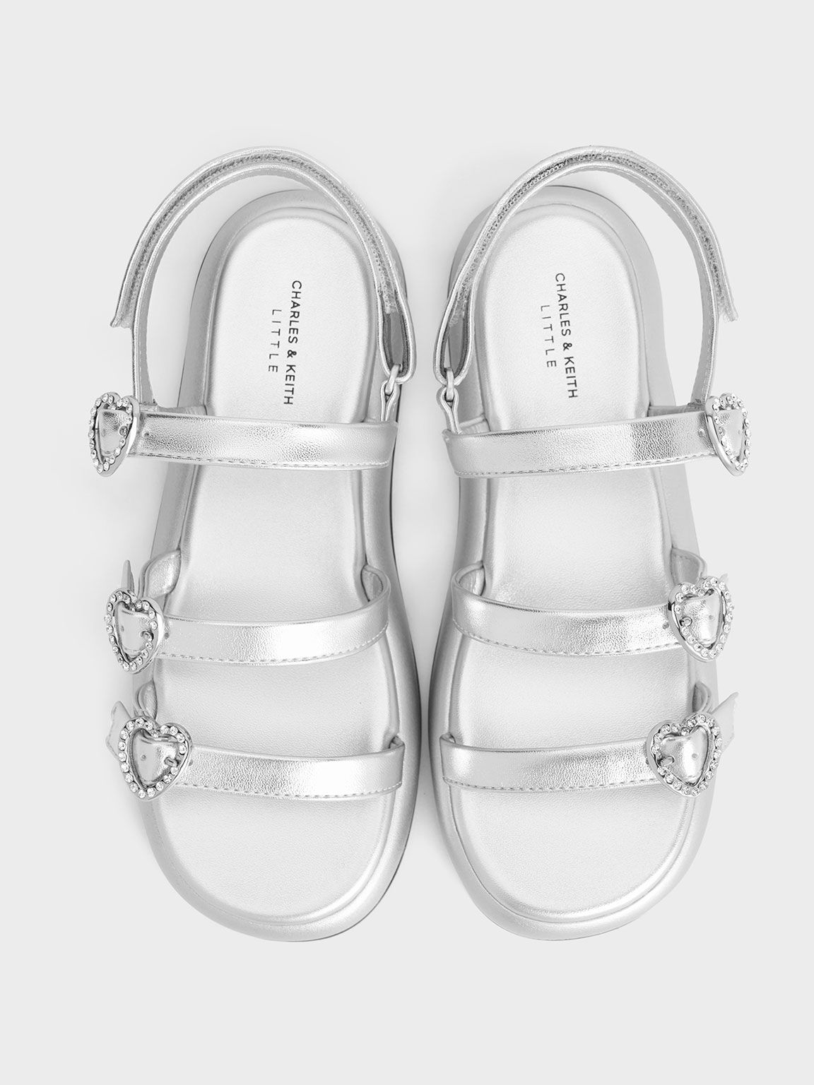 Sandal Strappy Girls' Heart-Embellished Patent, Silver, hi-res