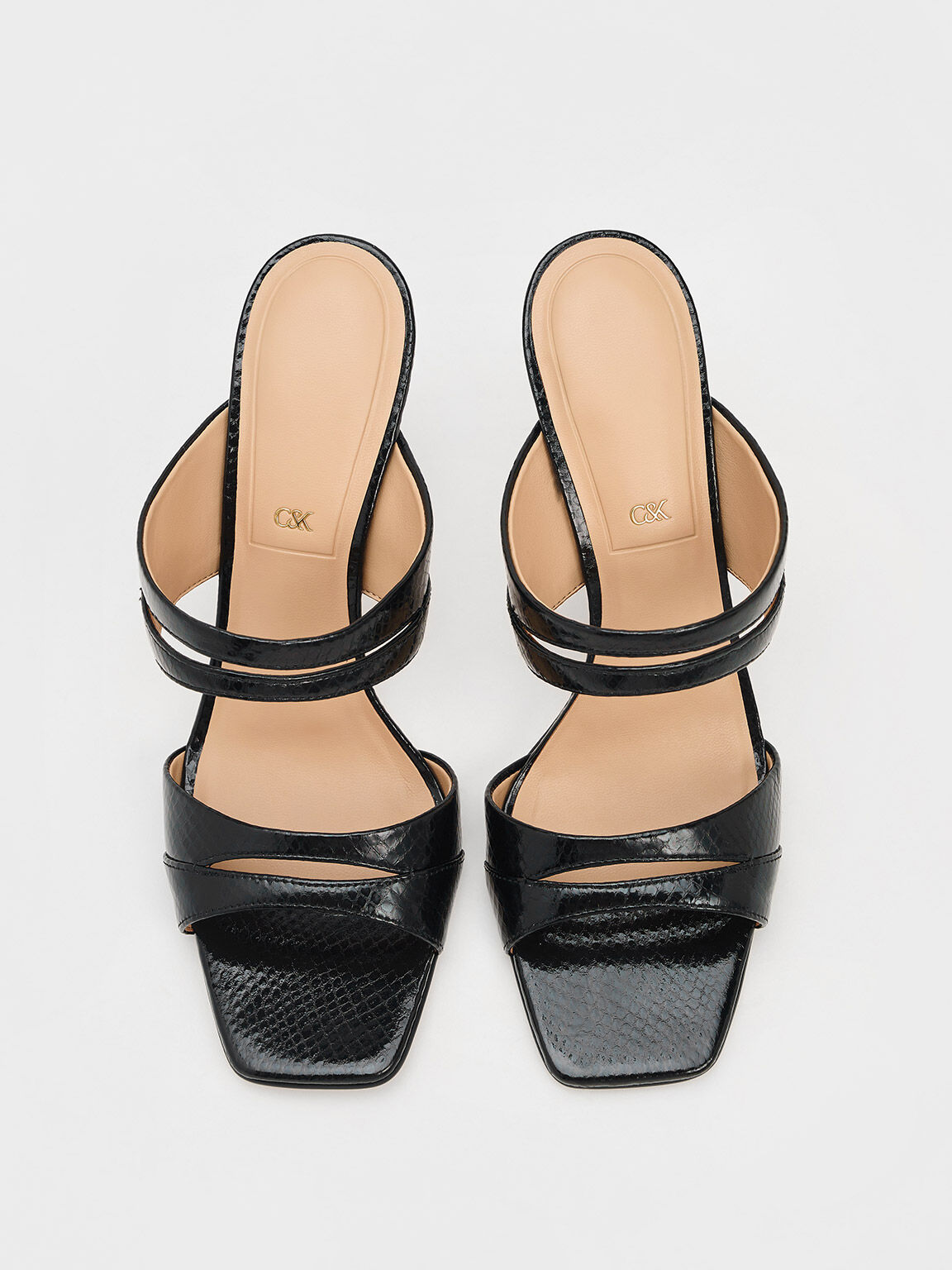Sepatu Heeled Mules Double-Strap Leather Croc-Effect, Animal Print Black, hi-res