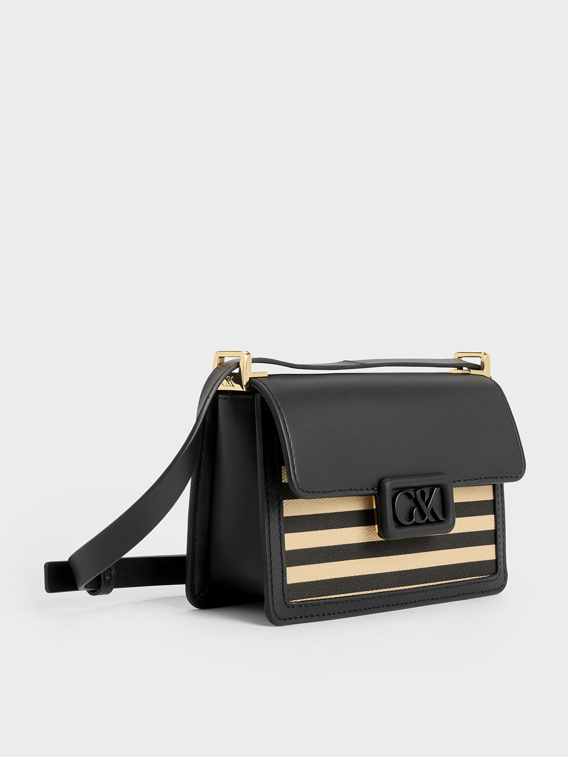 Tas Bahu Leather & Canvas Striped Boxy, Multi, hi-res