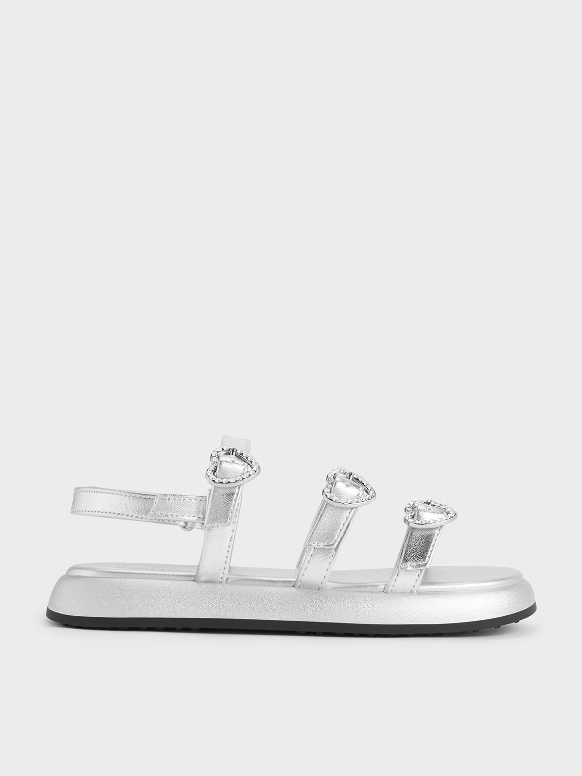 Girls' Metallic Heart-Embellished Strappy Sandals, Silver, hi-res