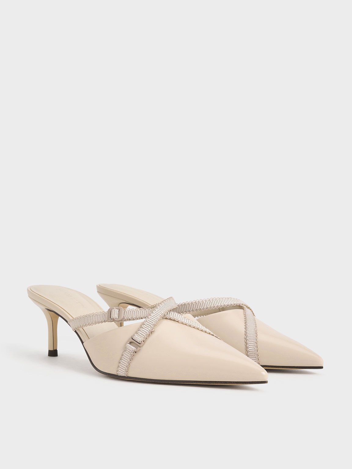 Sepatu Pointed-Toe Mules Grossgrain-Strap, Nude, hi-res