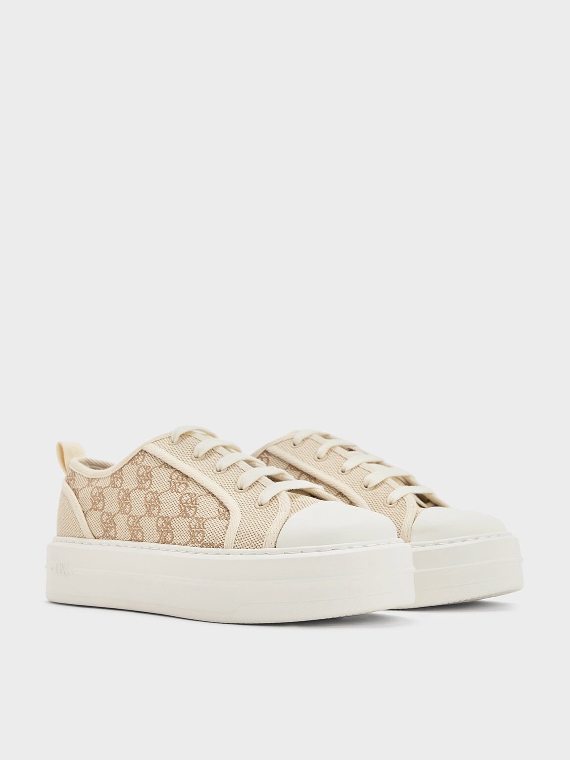 Canvas Monogram Flatform Sneakers, Beige, hi-res