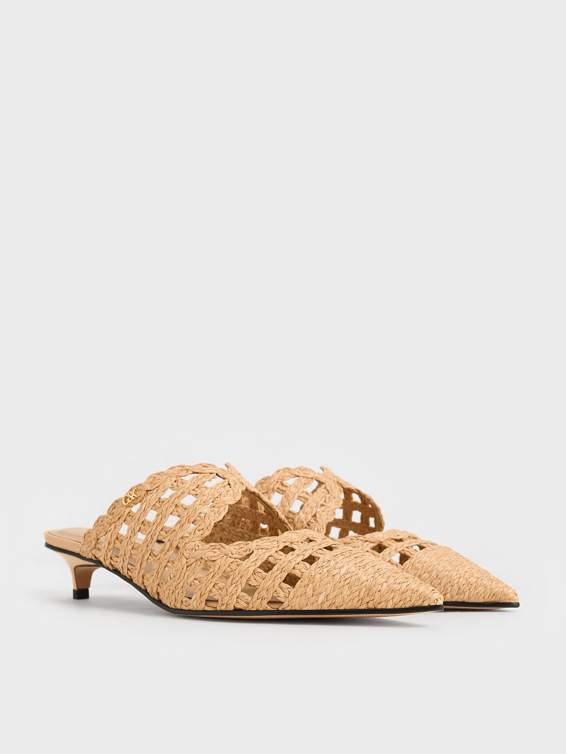 Sepatu Mules Pointed-Toe Kitten-Heel Raffia, Sand, hi-res