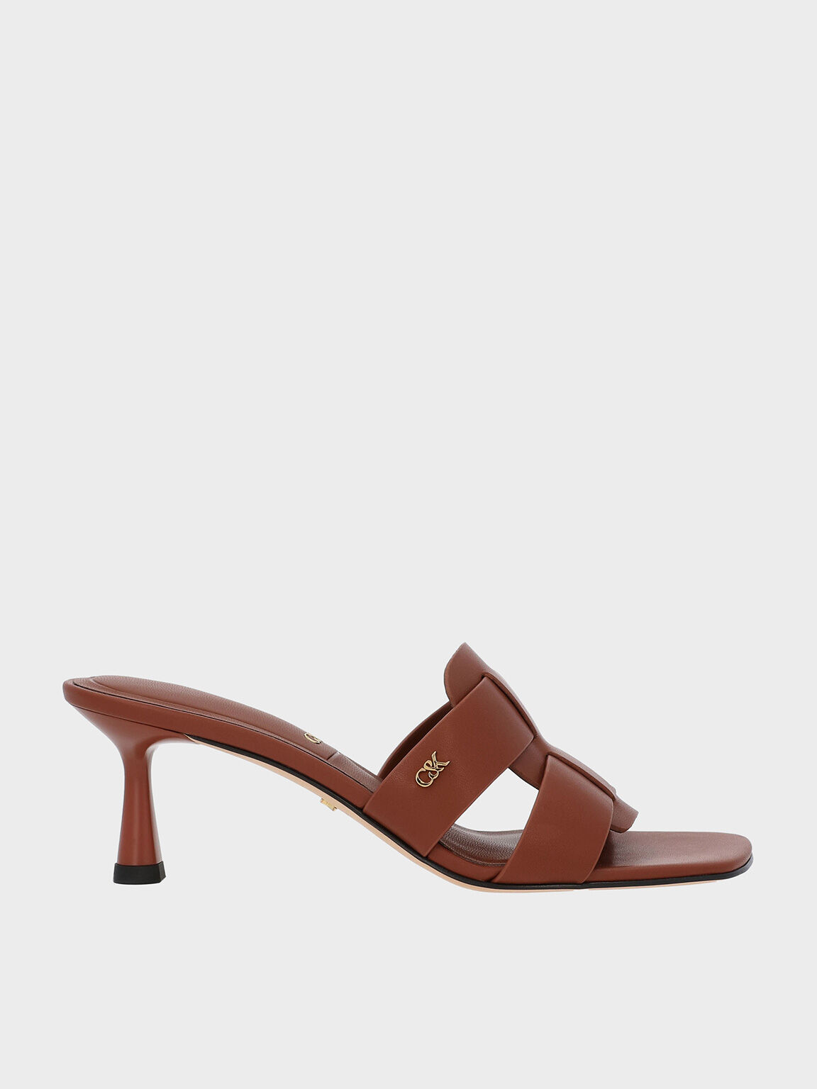 Sepatu Mules Spool Heel Interwoven Leather Trichelle, Dark Brown, hi-res