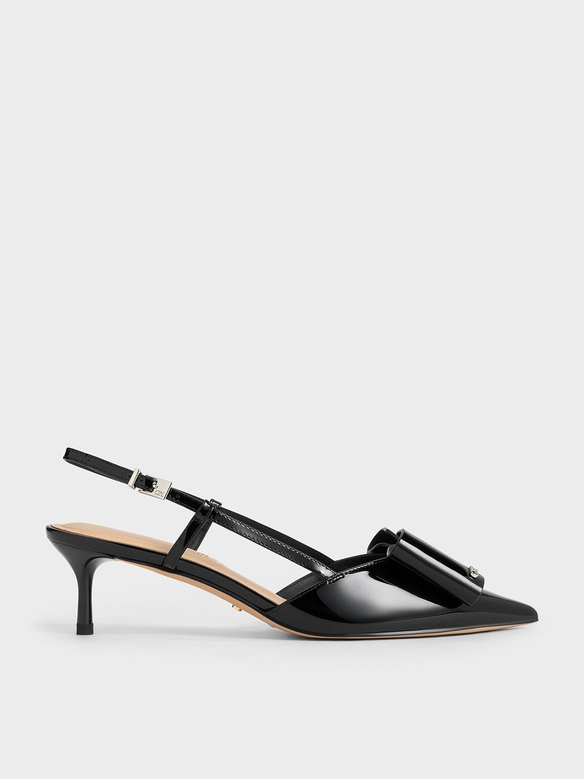 Sepatu Slingback Pumps Leather Bow Lu Patent, Black Patent, hi-res