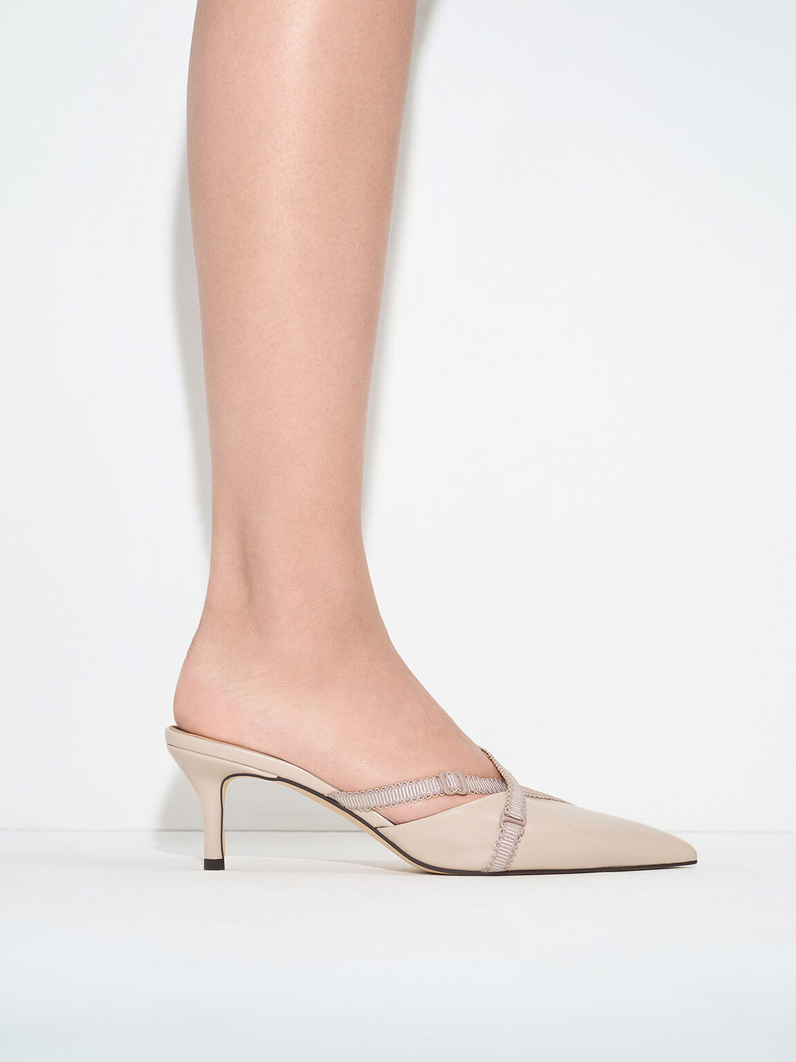 Sepatu Pointed-Toe Mules Grossgrain-Strap, Nude, hi-res